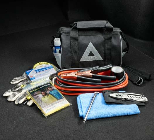 automotive-grade hose tape, tire gauge, bungee cord, shop towel and tether strap First Aid Kit Compact, soft-sided first aid kit contains what you need to treat minor