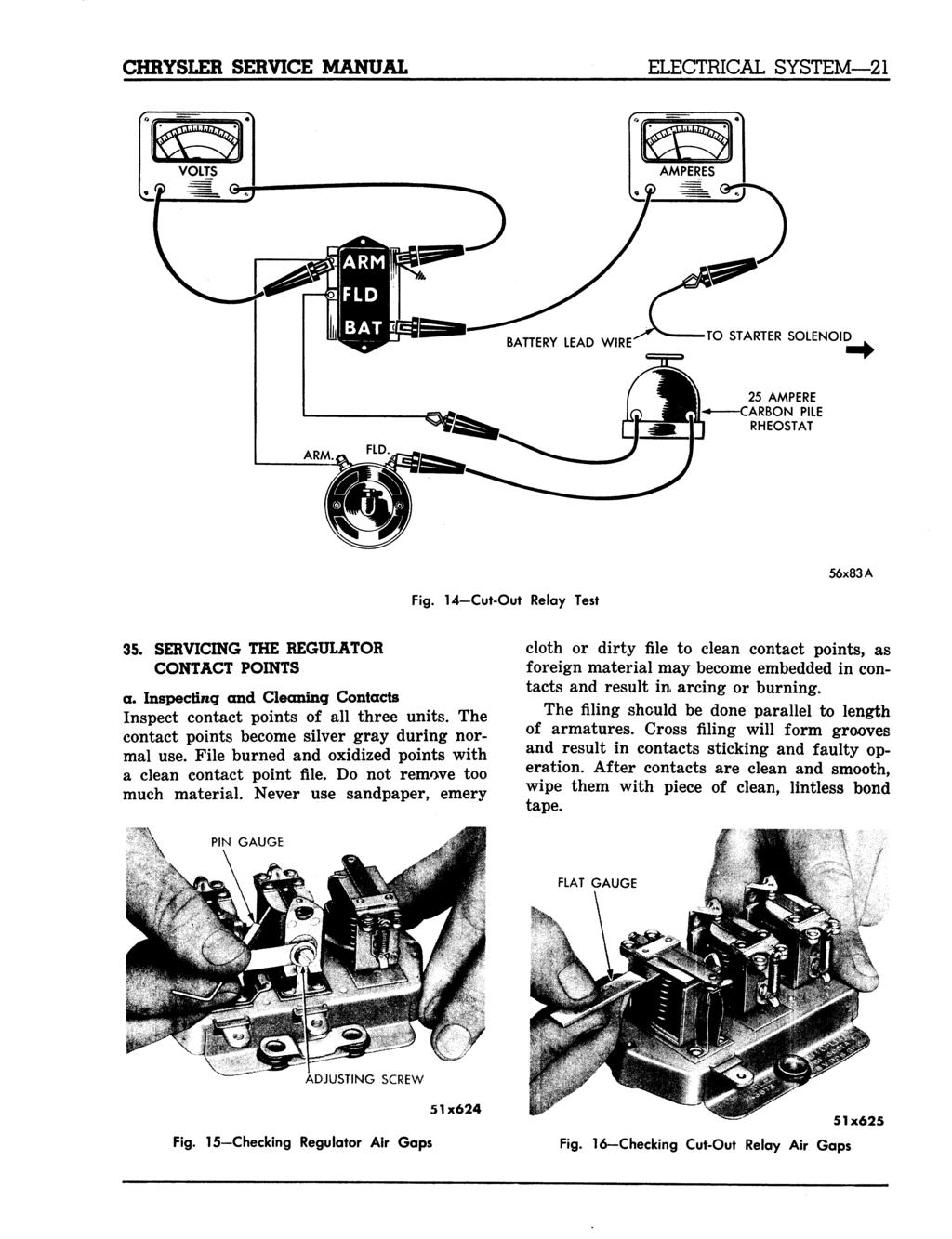 CHRYSLER SERVICE MANUAL ELECTRICAL SYSTEM 21 TO STARTER SOLENOID 25 AMPERE RBON PILE RHEOSTAT 56x83A Fig. Cut-Out Relay Test 35. SERVICING THE REGULATOR CONTACT POINTS a.