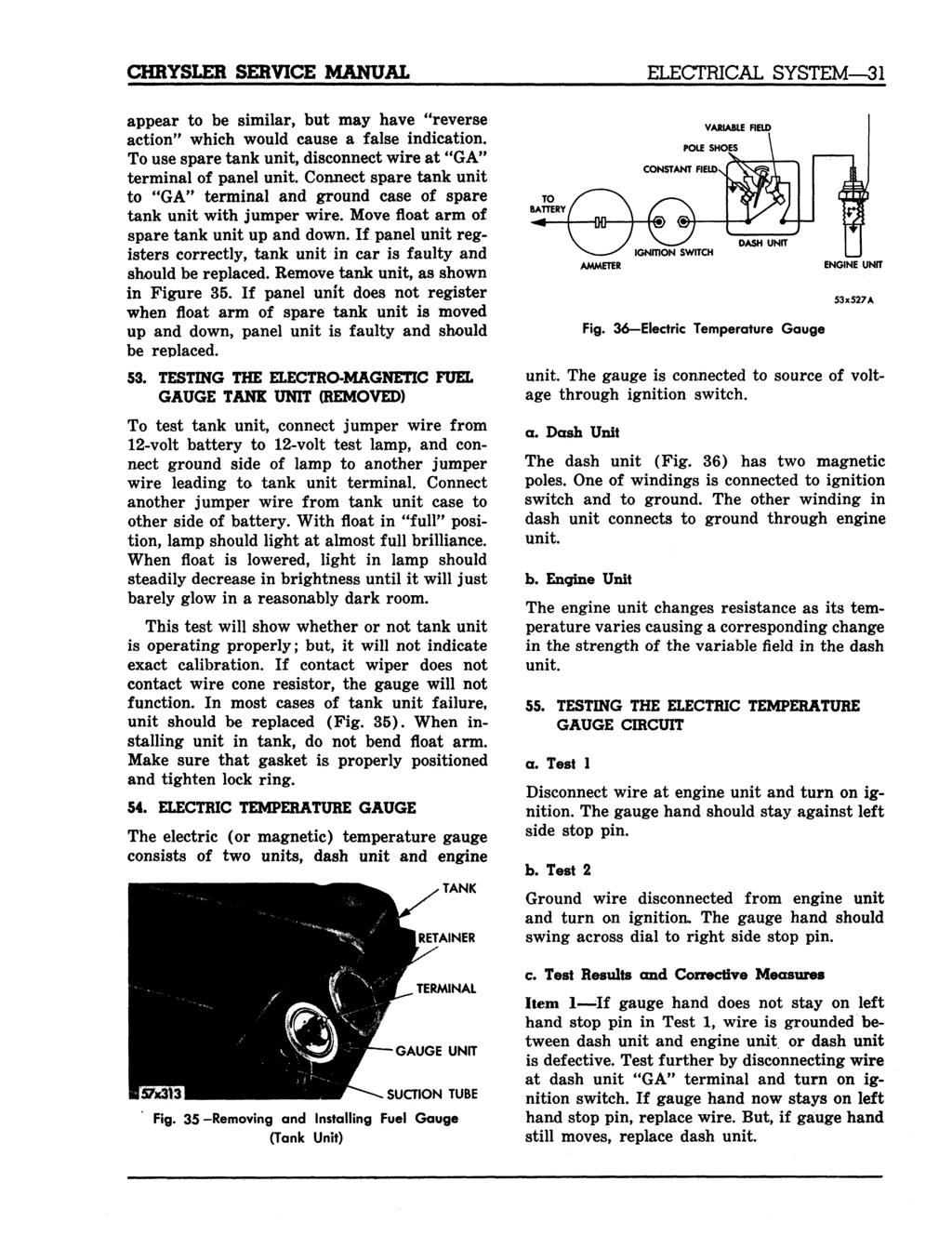 CHRYSLER SERVICE MANUAL appear to be similar, but may have "reverse action" which would cause a false indication. To use spare tank unit, disconnect wire at "GA" terminal of panel unit.