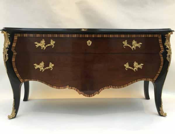 Fine marquetry on this stunning console table, with ornate gold handles and detailing.