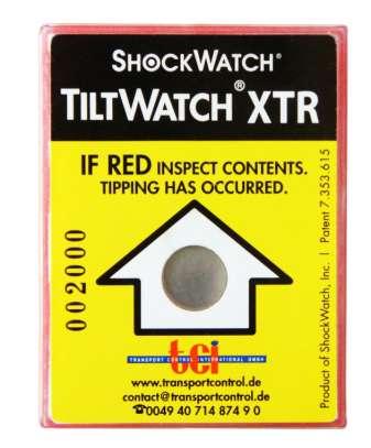 Manji Tiltwatch XTR indikator prikazuje je li se paket tijekom transporta prevrnuo za više od 83 stupnjeva, dok veći Tiltwatch PLUS indikator prikazuje