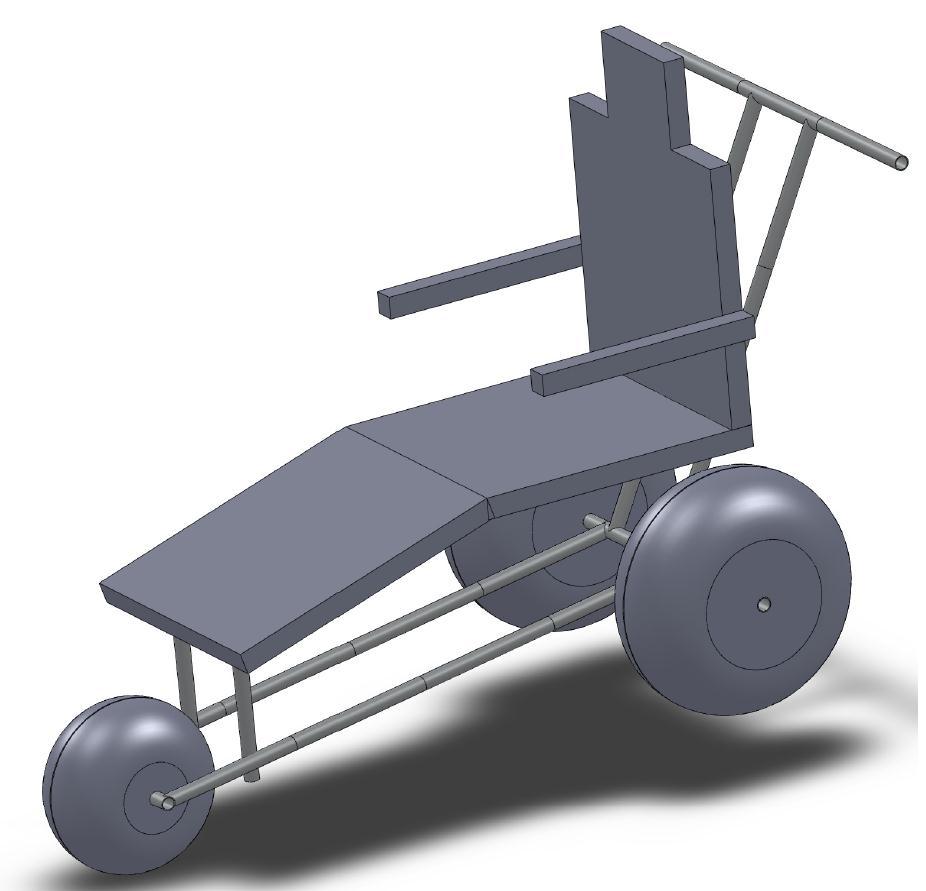 Figure 4: Solidworks three dimensional layout of the three wheel beach wheelchair. Alternate Design 2 A more traditional looking wheelchair was used as the template for this beach wheelchair design.