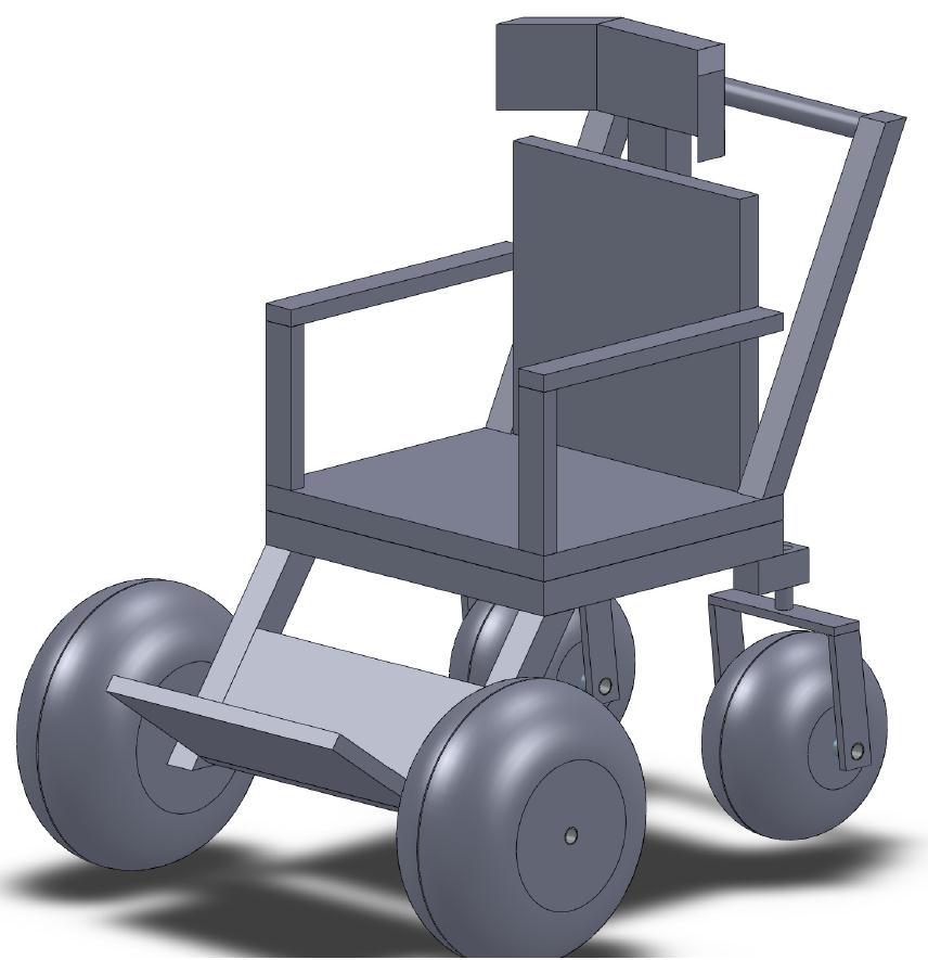 Figure 5: Solidworks three dimensional layout of the four wheel, modular beach wheelchair design.