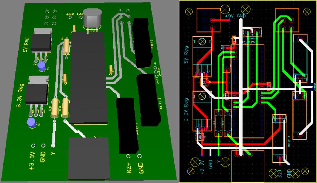 Figure 16: 3D image (left) and schematic view (right) of the PCB that was designed for the auto-leveling circuit. The heart of the auto-leveling system is a PIC microcontroller.