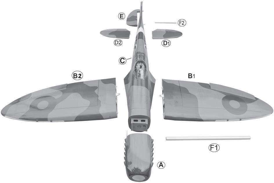 A. Cowling. B. Wing panel(b1,b2). C Fuselage. D.Horizontal stabilizer(d1,d2). E. Rudder. REPLACEMENT LARGE PARTS F1.