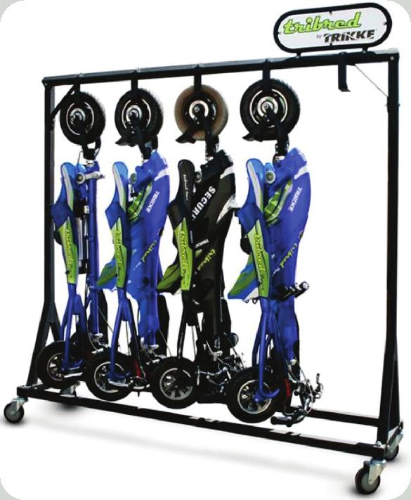 Trikke EV Rack Holds 5 vehicles neatly. Rack easily rolls with heavy-duty caster wheels.