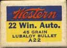 Yellow and blue box with red, white and black printing. One-piece box without tray. Product code K1203R on side. "2-1" h/s on a copper case. White wad. WA-l.22 WIN. AUTO. "SMOKELESS LUBALOY BULLET".