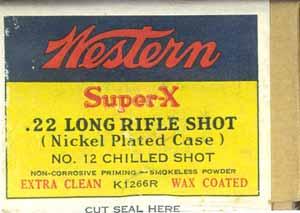 East Alton, ILL 1937 "SUPER-X" "EXTRA CLEAN-WAX COATED" Issues LR-9.22 LONG RIFLE. "SUPER-X EXTRA CLEAN WAX COATED". Yellow and blue box with red and black printing. One-piece box with end flaps.