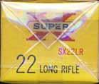 East Alton, ILL 1960- "SUPER-X" Issues LR-1.22 LONG RIFLE (HIGH VELOCITY). "SUPER-X". Yellow box with red and white printing.