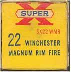 East Alton, ILL 1960- "SUPER-X" Issues WMR-l.22 WIN. MAGNUM RIM FIRE. "SUPER-X". Yellow box with red, white and blue printing.