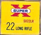 "SUPER-X". Same as LR-l, except for hollow point wording~ on the ends. Product code SX22LRH on the ends. LR-5.22 LONG RIFLE (SHOT). "SUPER-X".