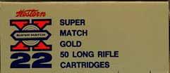 "xx" bottom. LR-2.22 LONG RIFLE (TARGET). "SUPER MATCH GOLD". Same as LR-l except a different style of warning on the top. This style was produced from 1978 to 1982. "YY" bottom. LR-3.