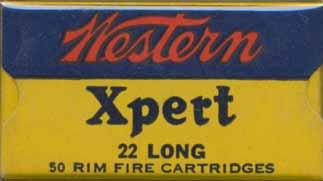 1937-1945 "XPERT Issues LONG L-l.22 LONG (TARGET). "XPERT". Yellow and blue box with blue and red printing. One-piece box with end flaps. Product code K1263R on the side.