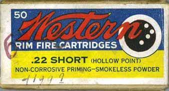 See WCC-24 for the "Bullseye" Marksman issues. End Example Side Example S-1.22 SHORT. "LESMOK POWDER" Blue and yellow label with red, white and black printing. Buff two-piece, full cover box.