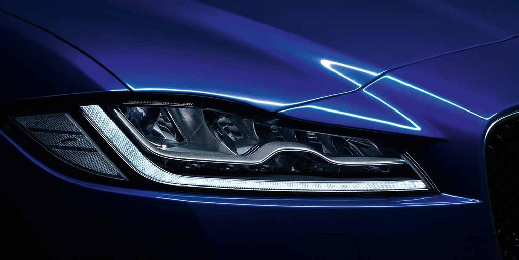 EXTERIOR DETAIL ADAPTIVE LED HEADLIGHTS* Even at night, F-PACE is instantly recognisable thanks to its Adaptive LED headlights* featuring Jaguar's signature 'J' Blade Daytime Running Lights.
