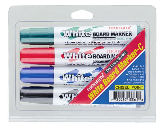 16 WHITE BOARD MARKER White Board Marker Alcohol-based dry erase marker Marking without noise or scratch Wipes off easily with dry cloth 4 COLOR SET 2mm 1~4mm 12 130 BULLET CHISEL 2080122601