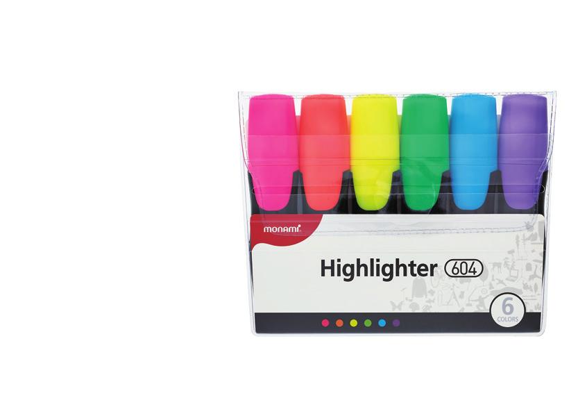 66 HIGHLIGHTER Highlighter 604 Perfect for papers and faxes with brilliant flourescent ink Fade-resistant Ergonomic design and grip for writing ease and comfort 4 COLOR SET 6 COLOR SET 1~6mm 25.6 117.