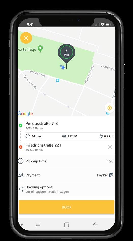 USER EXPERIENCE ONE APP - MANY FUNCTIONS Access to more than 62,500 taxis in Europe Intuitive operation Automatic localization via GPS Live tracking of the approaching vehicle Integrated fare