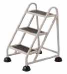 STEP STOOLS Heavy-duty steel Comes with a double platform with non-slip rubber tread Spring-loaded casters retract under slight pressure, forcing base to the floor 11" diameter upper platform and 13