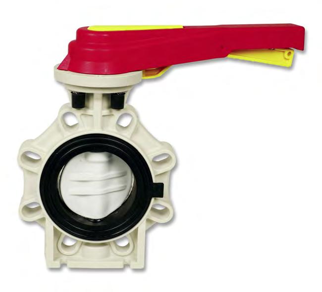 Praher K4 Butterfly Valve Locking Handle Universal Drilling PP-GF Body PVDF disc Materials Support Lugs in Base Body - PP-GF Disc - PVDF Seals - FPM Sizes 2 1 /2"/75mm - 8"/225mm Features Only Body