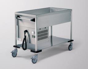 Delivery cart, refrigerated Top plate turned down on all sides, deep-drawn refrigerated well, size 2 x 1/1 or 3 x 1/1 GN, welded-in. With drainage cock. Cladded and insulated.