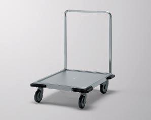 [ Special trolleys ] Platform trolley for baskets with pushing handle in stainless steel. 4 corner bumpers. Platform with stopping edge and drainage bore-hole.