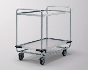 Standard serving cart, heavy duty version Serving cart in stainless steel, round tubular driving frame with welded cross-members for caster fixture.