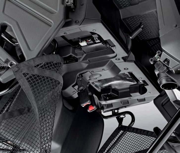 Seat removes without tools allowing for quick fluid checks and maintenance.