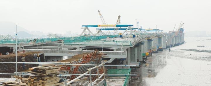 Panoramic view on the deck level of the viaduct during the low tidal period near the landside at Ngau Hom Shek.