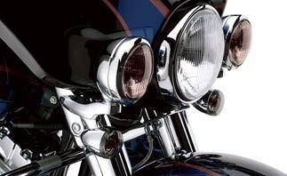 The chrome-plated brackets serve as stylized mounting points for the passing lamp housings and available bullet style turn signals, adding a smooth look that eliminates the cross brace and flat side