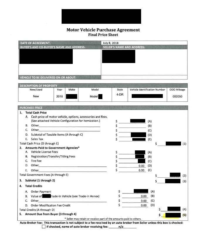 Sample 4: Motor Vehicle Purchase Agreement: Final Price Sheet This document must be