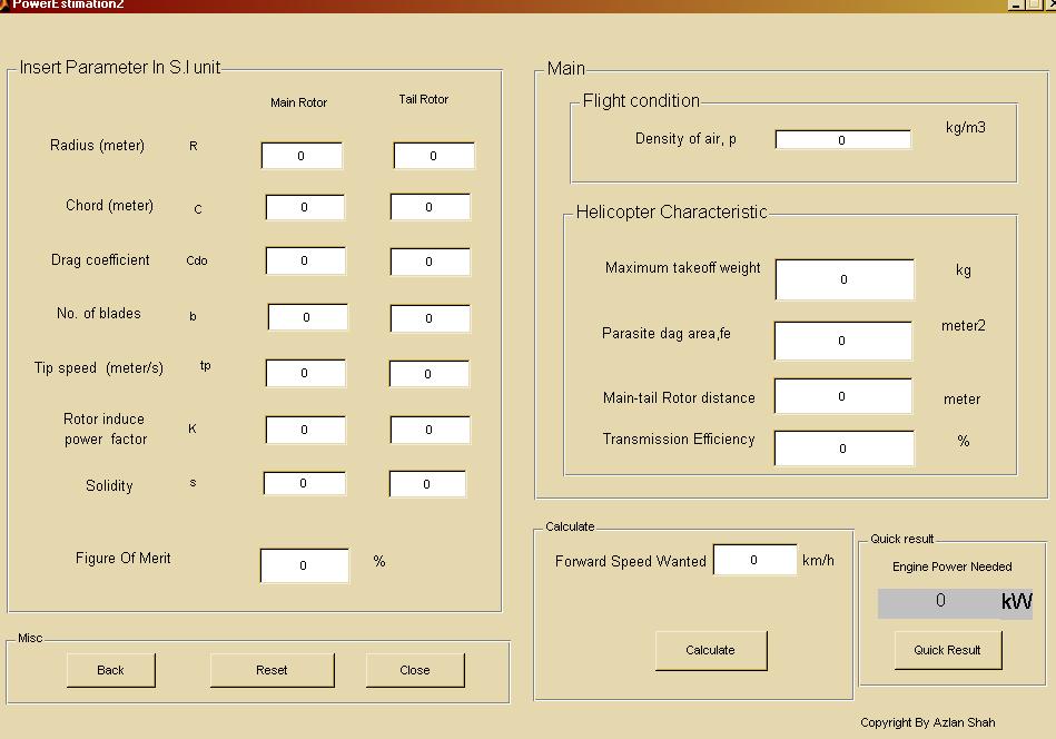 After the user selected the unit to be used, a new dialogue box will appear (see Figure 2). In this page, the user can input the parameters of the helicopter.