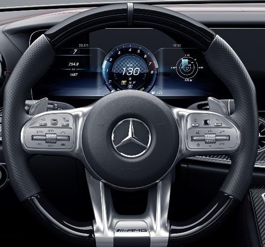 Features a flattened bottom section Perforated grip area Silver-colored aluminum shift paddles 12-o'clock marking AMG Performance steering wheel in Nappa /DINAMICA (L6K)