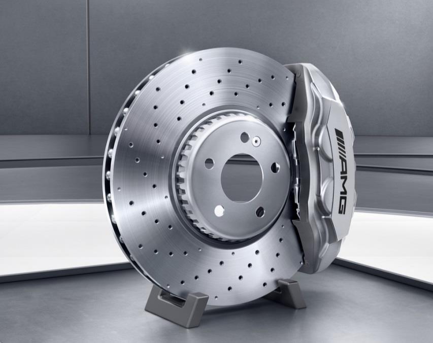 Options in Detail Brakes AMG Sport Brakes Standard on E 53 (E53only) 4-piston front and 1-piston rear calipers Front axle: brake disc measuring 14.2.