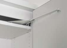 Shelves stably mounted on adjustable supports, protected against tilting and being pulled out.