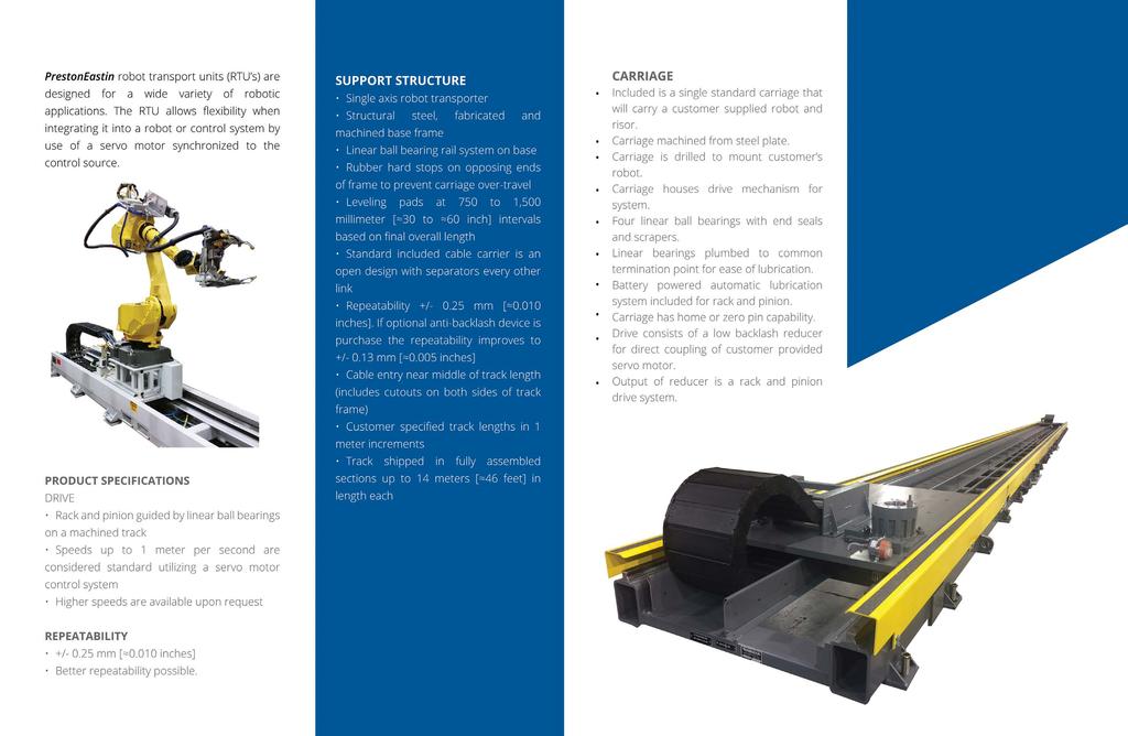 Robot Transport Units Product Specifications DRIVE Rack and pinion guided by linear ball bearings on a precision machined track Standard speeds of 1m/sec Additonal speed option(s) available