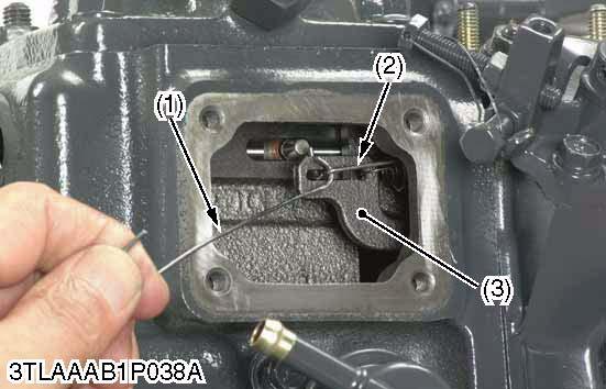 Using the specific tool (1), unhook the large governor spring (2) from the fork lever (3). 4. Using the specific tool, unhook the small governor spring (4) from the fork lever (3). 5.