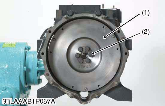 L3200, WSM ENGINE (4) Crankshaft Flywheel 1. Fit the stopper to the flywheel (1). 2. Remove the all flywheel screws (2). 3. Remove the flywheel (1) slowly.