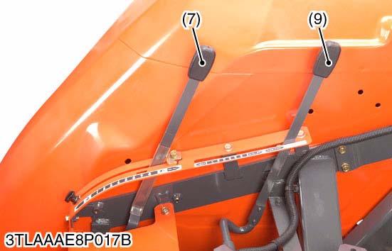 L3200, WSM TRANSMISSION Outer Components 1. Place the disassembling stands under the transmission case. 2. Remove the seat (1). 3. Remove the grip (2), (4), (7) and (9) if equipped. 4.