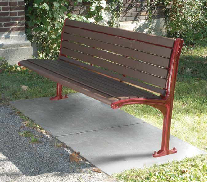 $1,500 Add to unit price per end/center armrest $100 Ductile cast iron supports Shown w/deep Red finish/walnut plastic BENCH 186 Recycled Plastic slats 186-60PL 6' long, 2 supports, 107 lbs.