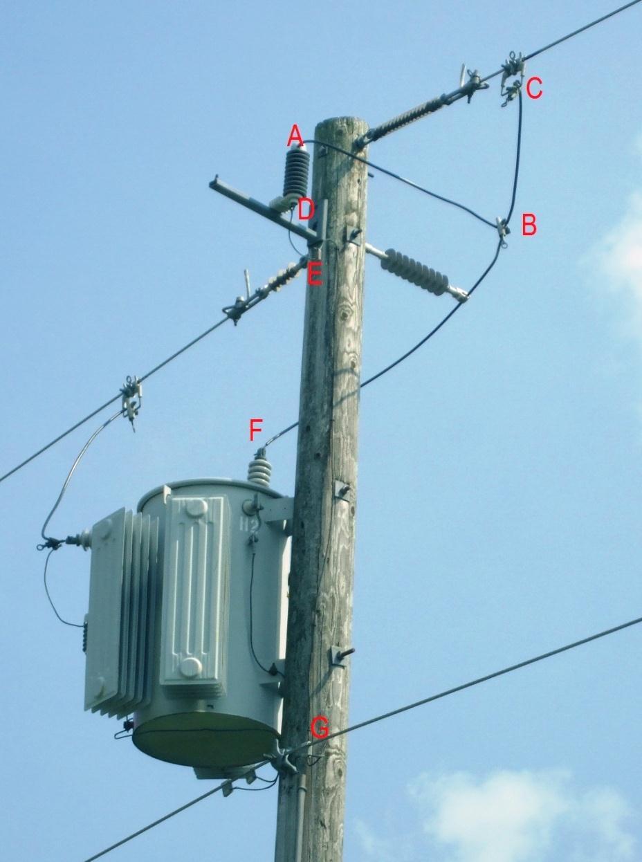 Lead Length - 1 AB + DE + EG Arrester to connection from conductor + Arrester ground to pole ground connection + Pole ground connection to transformer ground connection