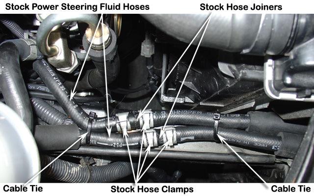 10 Reconnect the stock power steering fluid hoses using the stock hose clamps and stock hose joiners.