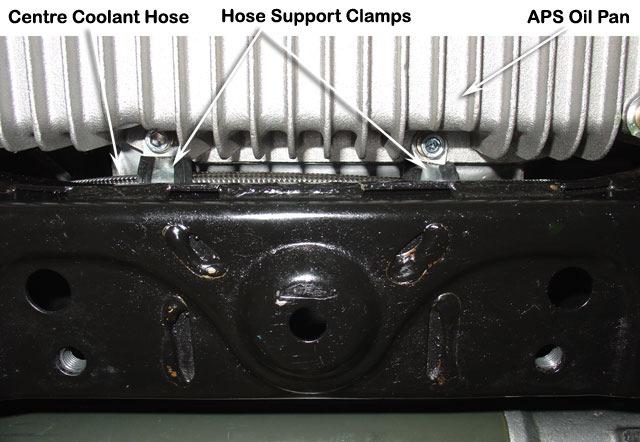 13 Route the centre coolant hose (Item 198) around the rear of the APS oil pan (Item 174). Support the coolant hose using two hose support clamps (Item 192).
