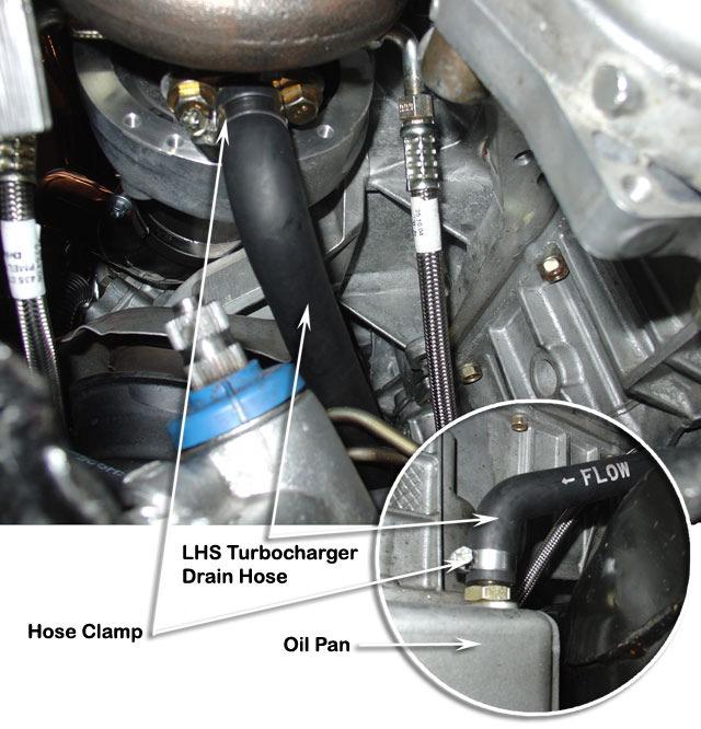 17 Install the LHS turbocharger drain hose (Item 169) between the LHS turbocharger drain fitting (Item 165) and the LHS oil pan drain