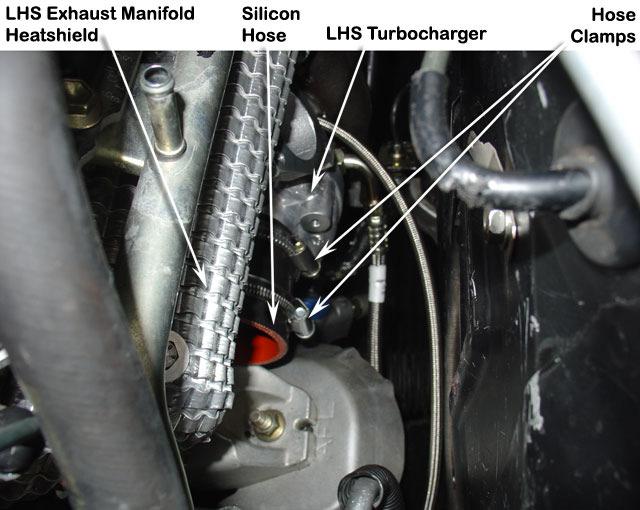 2 Install the LHS silicon connection hose (Item 7) to the LHS turbocharger compressor inlet and retain using a 50mm/70mm hose clamp