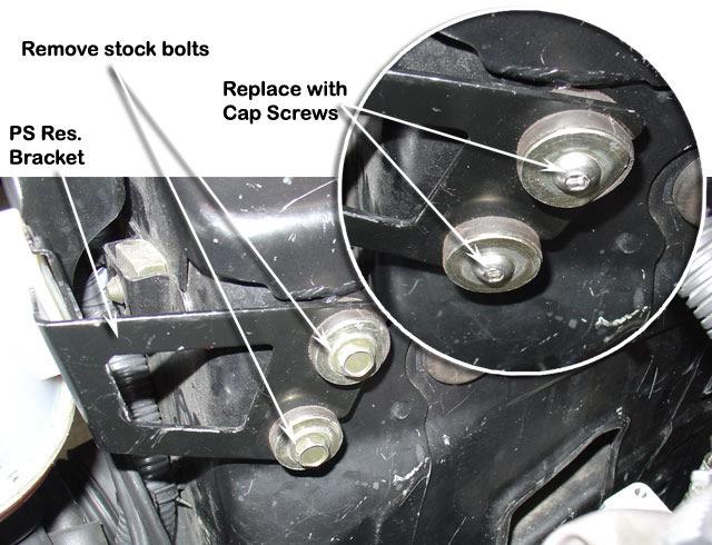 5 Replace the stock hex head power steering reservoir bracket bolts (located on