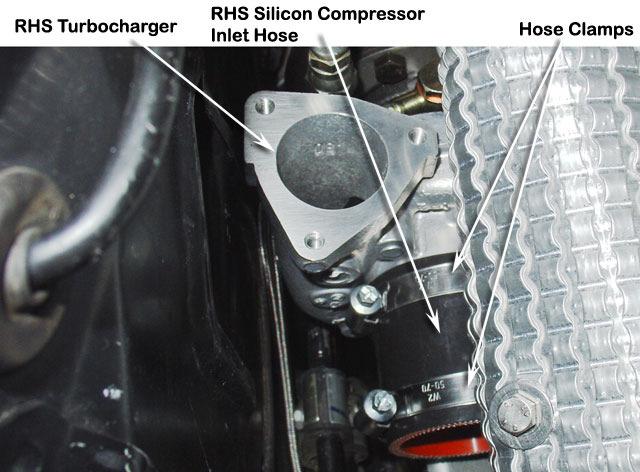 7 Install the RHS silicon connection hose (Item 7) to the RHS turbocharger compressor inlet and retain using a 50mm/70mm hose clamp (Item 11).