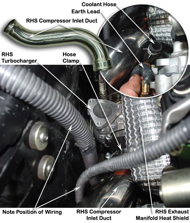 Note: The orientation of the hose clamps (as shown) is important for future access. 8 Apply lubricant to the RHS silicon compressor inlet hose (Item 7) installed previously.