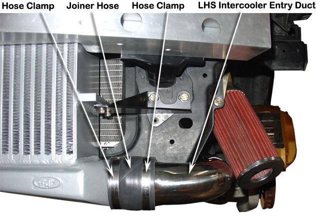 5 Install the LHS intercooler entry duct (Item 123) using a 70mmID x 65mm silicon joiner hose (Item