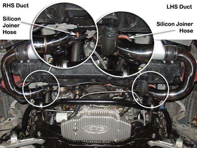 7 Connect the LHS intercooler entry duct (Item 123) to the LHS compressor discharge duct (Item 115) using a 50mmID/63mm x 70mm silicon joiner hose (Item 121) and retain with a 40/60mm hose clamp